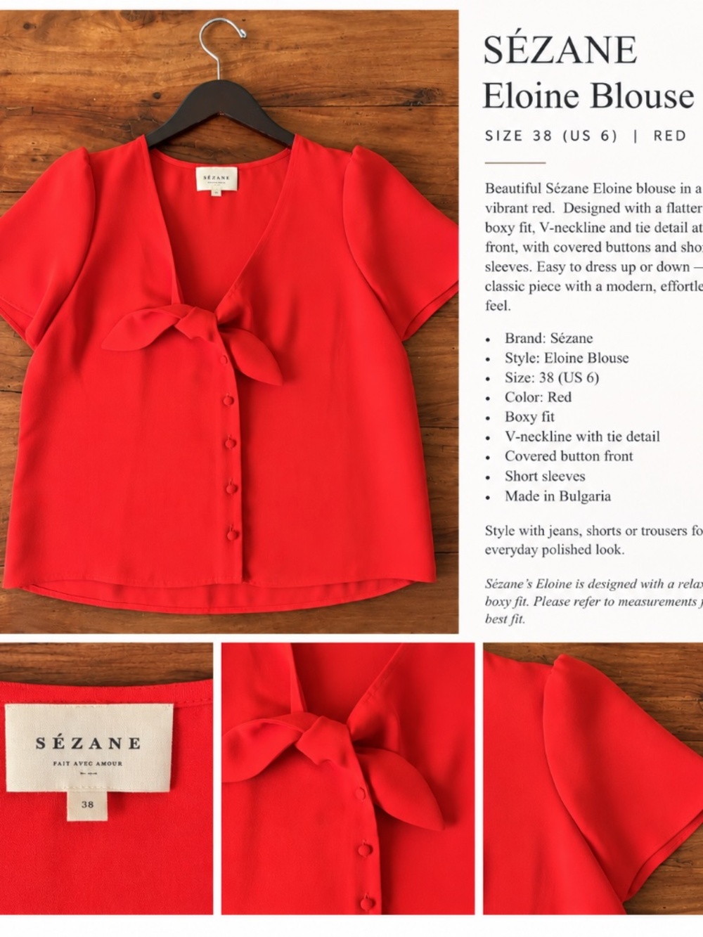 Sézane Eloine Blouse Red | Tie Front Bow | Size 38 / US 6